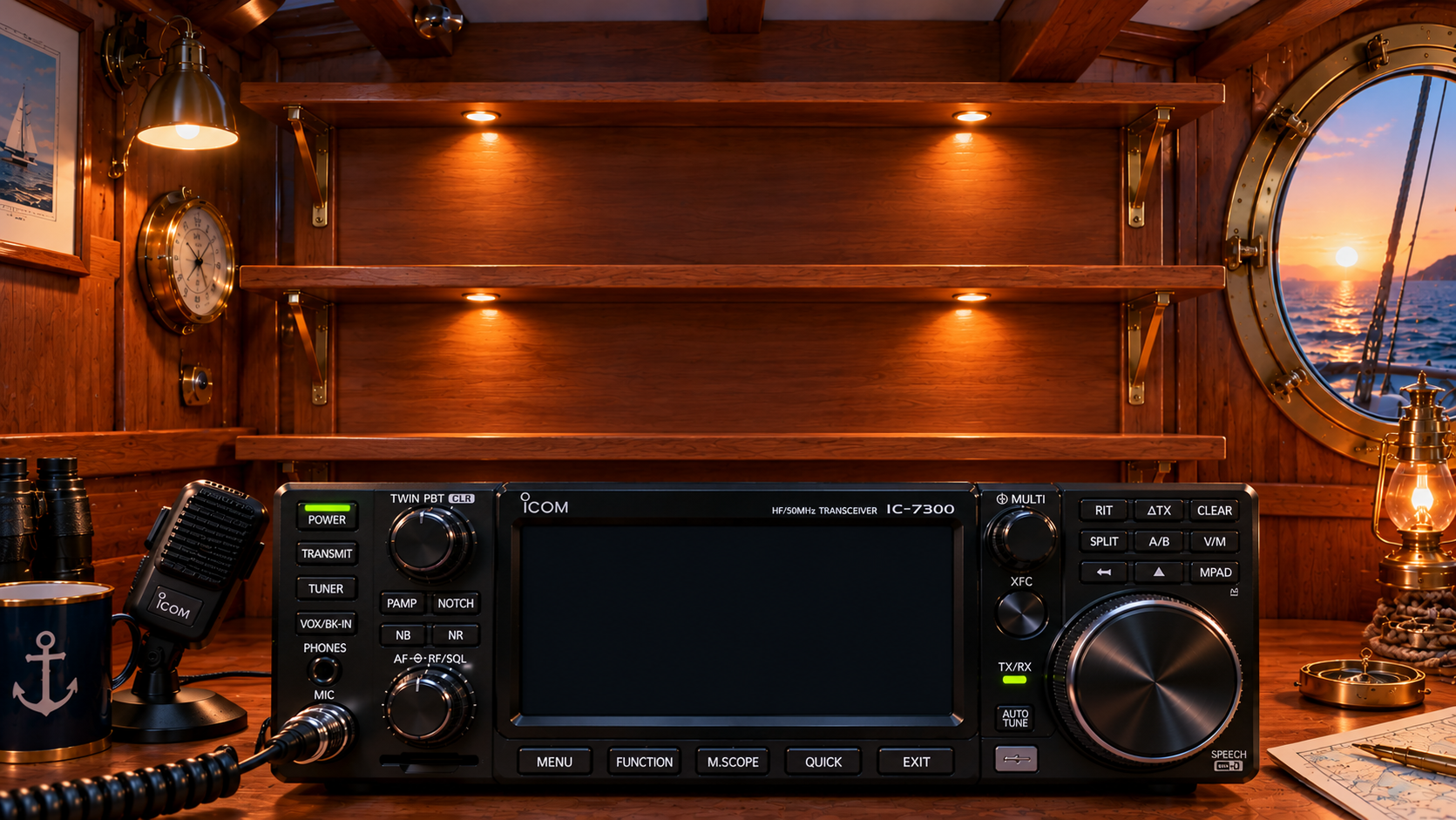 Naval radio shack with three empty shelves and a transceiver